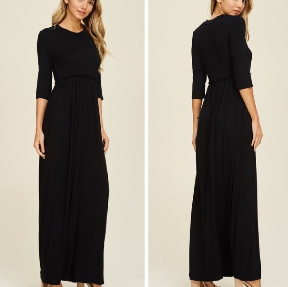 Black 3/4 Sleeve Maxi Dress with Pockets